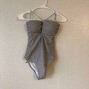 Striped swimsuit with intricate back detail!